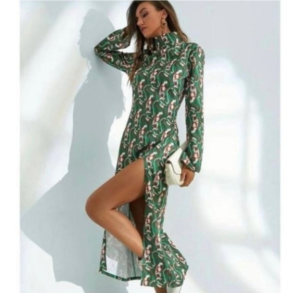 Zara Green Printed Slit Midi Night Out Dress Size Small - Picture 13 of 15